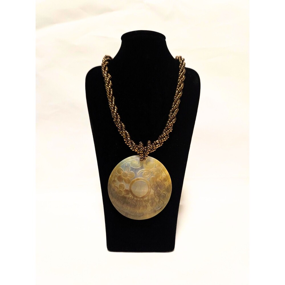 Mother of Pearl Floral Engraved Round Pendant Necklace Brown Seed Bead Boho